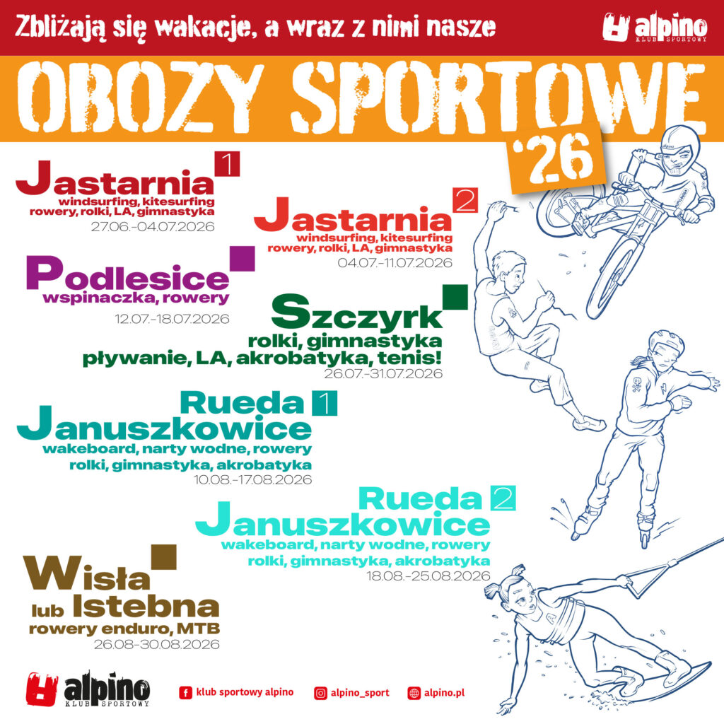 Gotowi na sportowe lato windsurfing, kitesurfing, wspinaczka, rowery, roki , wakeboard, tenis, gimnasty, akrobatyka, pływanie, gry zespołowe, serdecznie zapraszamy.